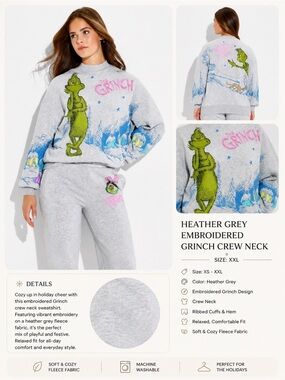 Heather Grey Grinch Embroidered Crew Neck Sweatshirt - Women